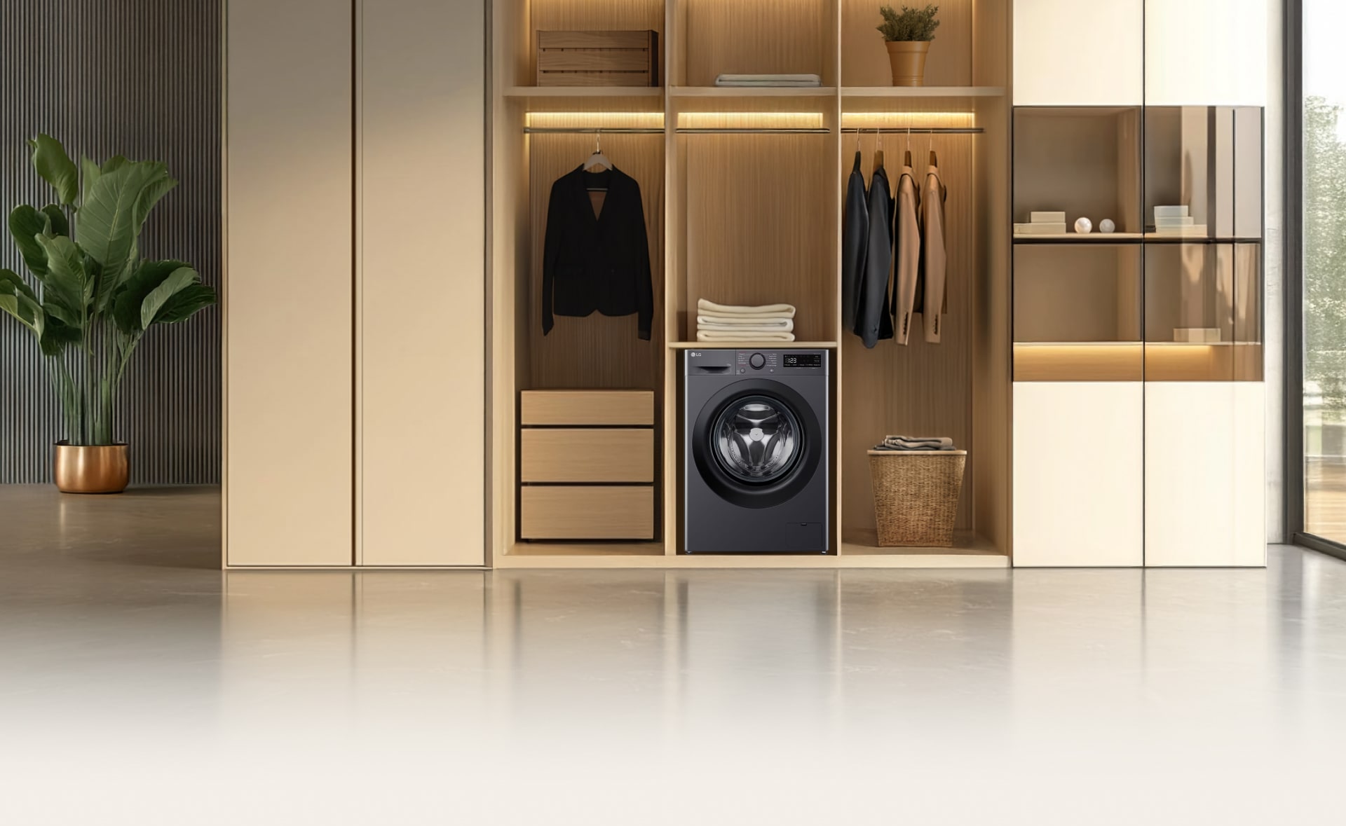 Sèche-linge LG intégré dans une armoire moderne, entouré de vêtements bien organisés et d'étagères dans une maison lumineuse et élégante.