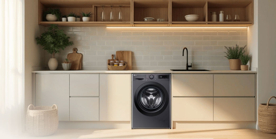 Sèche-linge LG dans une cuisine moderne avec des armoires beiges et un éclairage chaleureux, parfaitement intégré et fonctionnel.