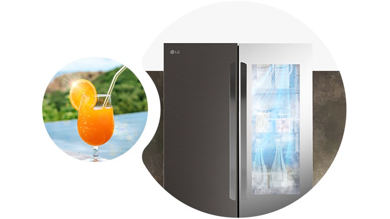 Il y a du jus d’orange dans la piscine à gauche et un réfrigérateur avec de l’air frais à droite