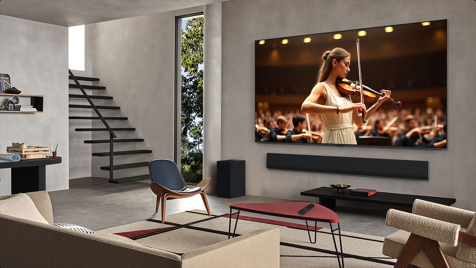 Living room with an LG TV and LG Soundbar. On the screen is a concert. A violinist is in front, behind her is an orchestra. Concentric circles emanate from the TV showing how AI Acoustic Tuning scans the room and adjusts sound to your space. 