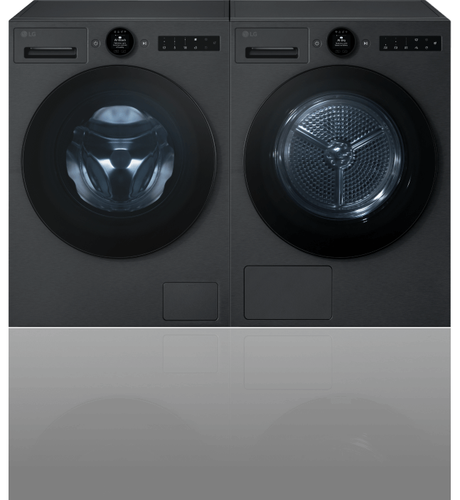 Two matte black LG washing machine and dryer side by side, set against a dark background with a gradient of deep purple and black hues.