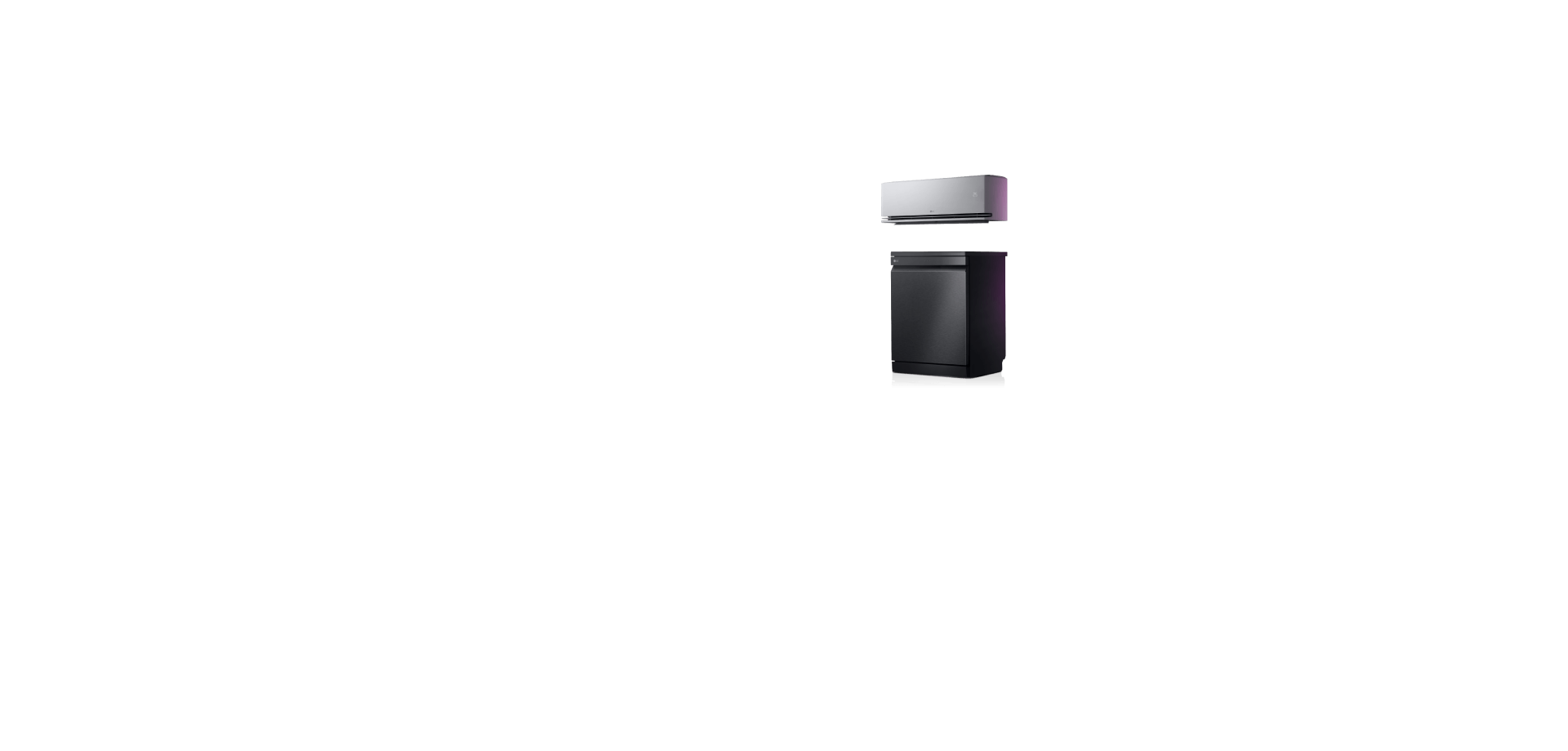 The LG air conditioner and dishwasher, finished in matte black, is angled slightly to the side and highlighted with subtle lighting in pink.