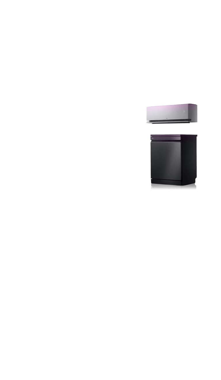 The LG air conditioner and dishwasher, finished in matte black, is angled slightly to the side and highlighted with subtle lighting in pink.