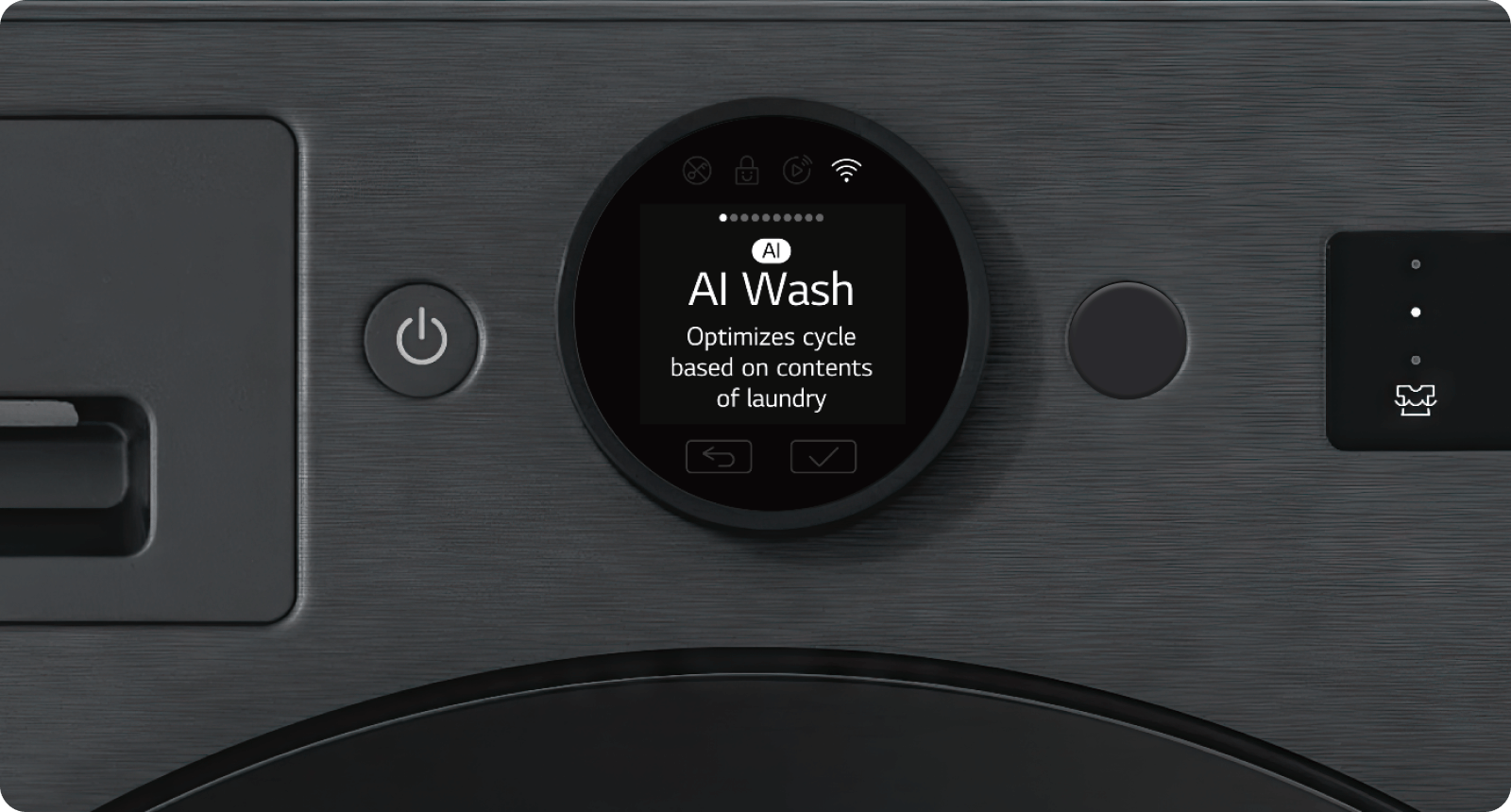 A close-up view of the control panel on an LG washing machine is centered in the image, featuring buttons including 'click here' on the right and a digital display.