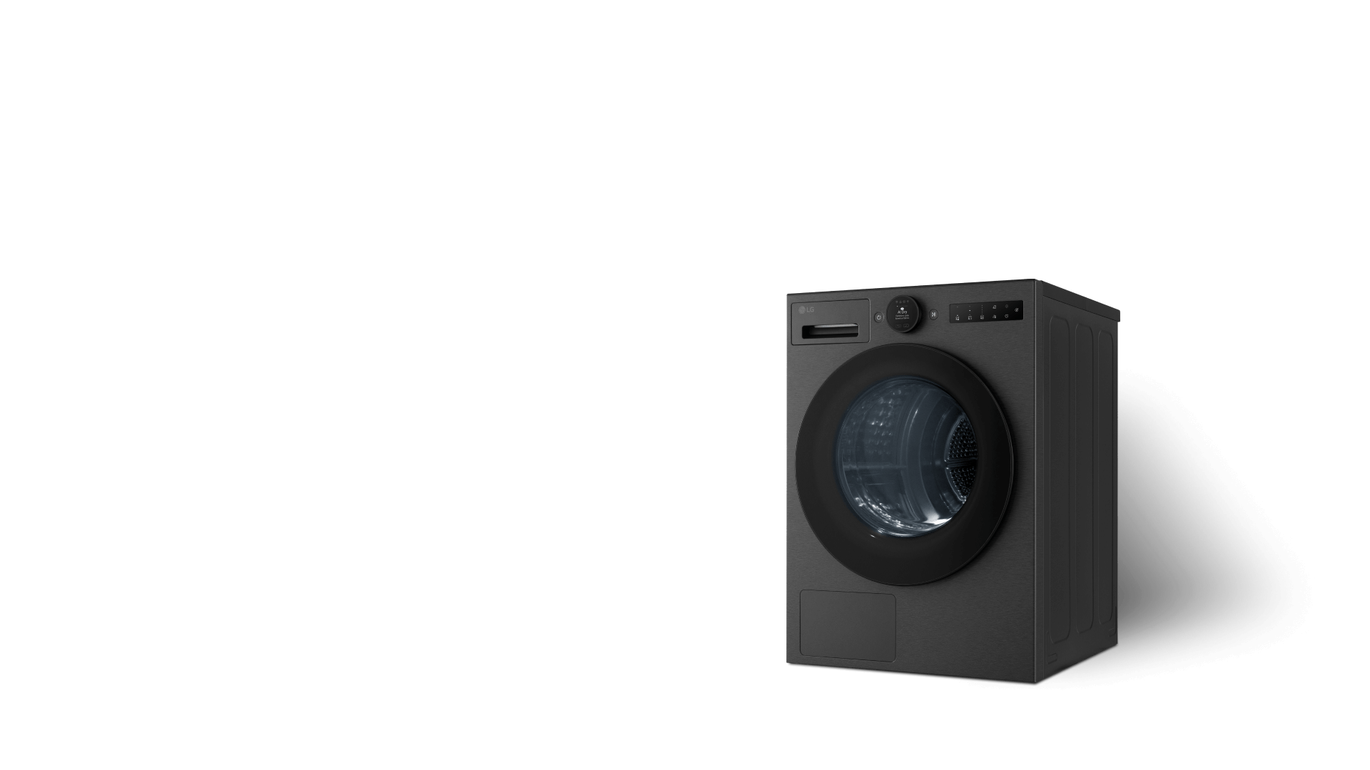 An LG dryer of matte black on the right side of the image, softly illuminated against a dark background.