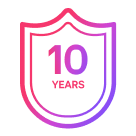 An icon of a shield with '10 years' written inside, displayed in pink and purple tones, symbolizes durability.