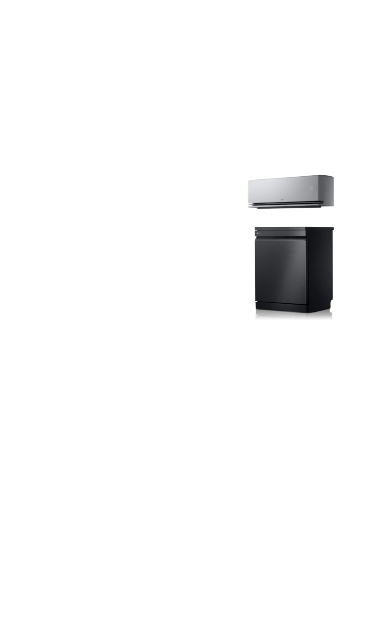 The LG air conditioner and dishwasher, finished in matte black, is angled slightly to the side and highlighted with subtle lighting.