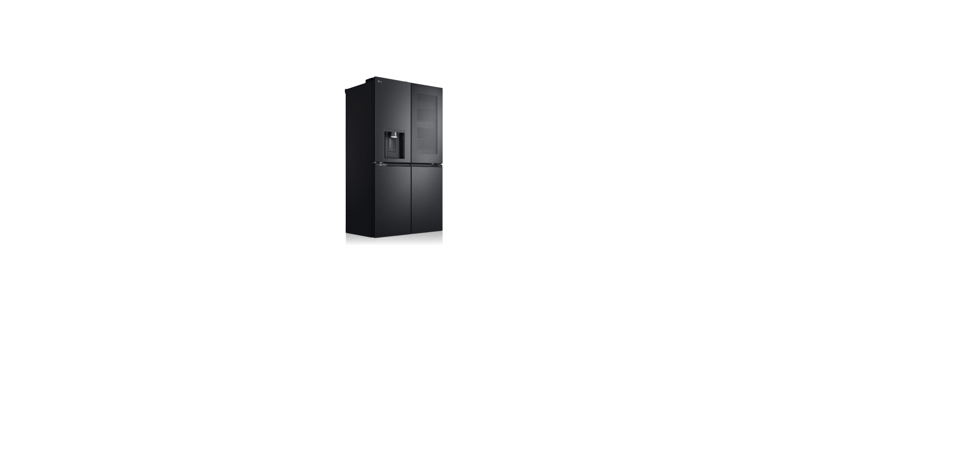 The LG refrigerator, finished in matte black, is angled slightly to the side and highlighted with subtle lighting.