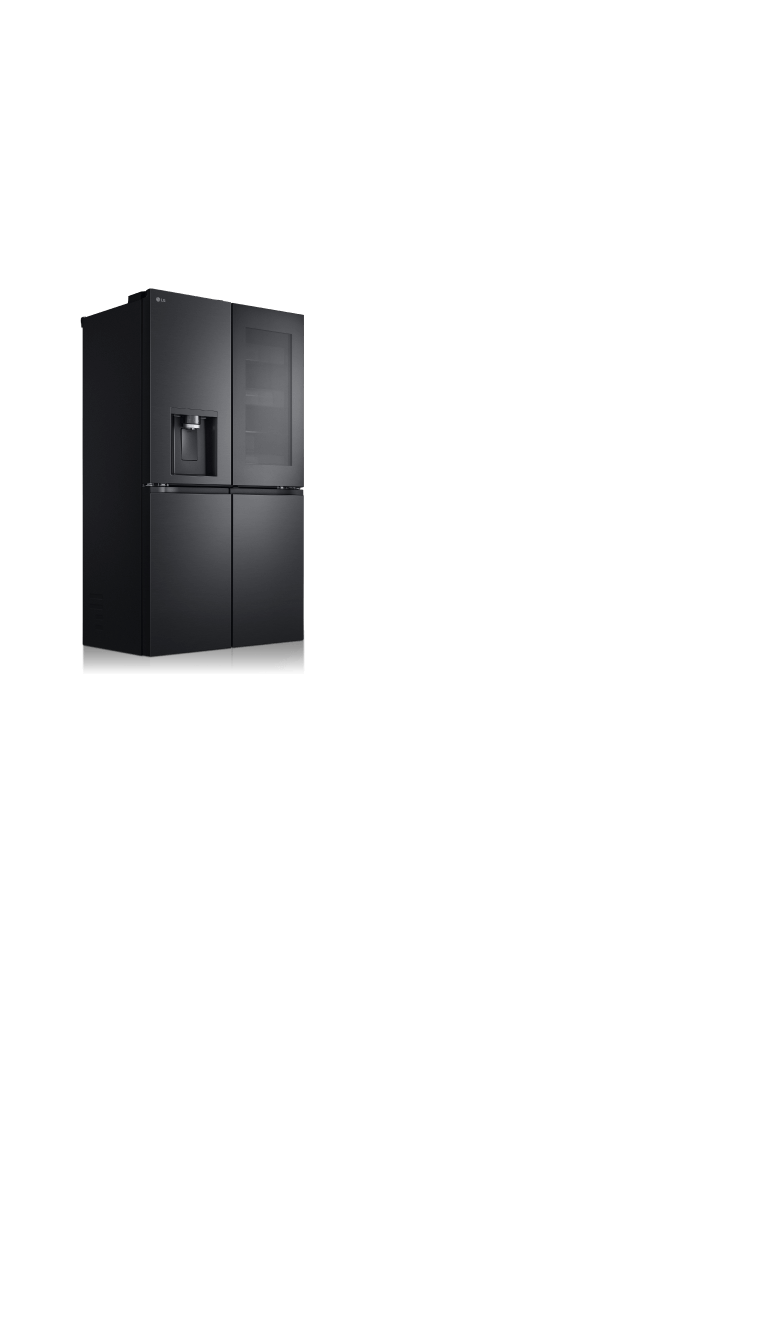 The LG refrigerator, finished in matte black, is angled slightly to the side and highlighted with subtle lighting.