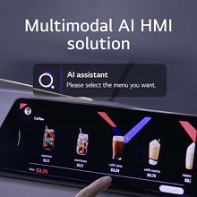 User interacting with touchscreen interface powered by multimodal AI HMI solution, selecting coffee menu with AI assistant prompt