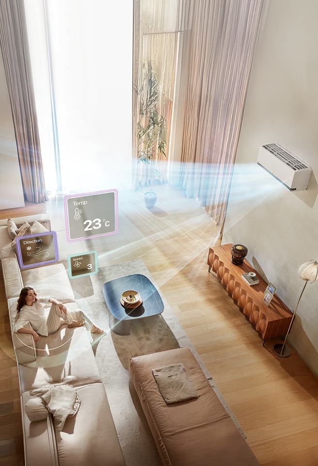 The LG DUAL Inverter air conditioner cools a modern ocean-view living room, powered by ThinQ AI technology.