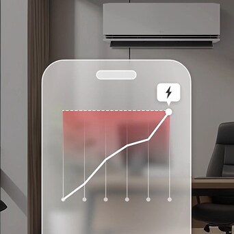 Smartphone interface showing energy consumption graph in front of LG air conditioner, highlighting AI kW Manager for efficient power monitoring