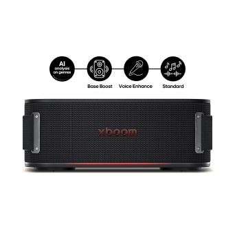 LG XBOOM speaker with AI sound modes including Bass Boost, Voice Enhance, and Standard