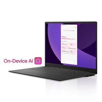 LG gram laptop featuring On-Device AI with smart assistant interface on screen