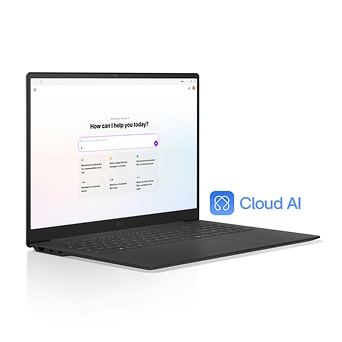 LG gram laptop with Cloud AI displaying smart assistant interface for online support and productivity