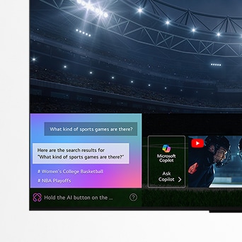 LG OLED TV screen showing how AI Search works. A small chat window is open showing how the user asked for what sports games are available. AI search responded via chat and by showing thumbnails of different available content. There is also a prompt to ask Microsoft Copilot.