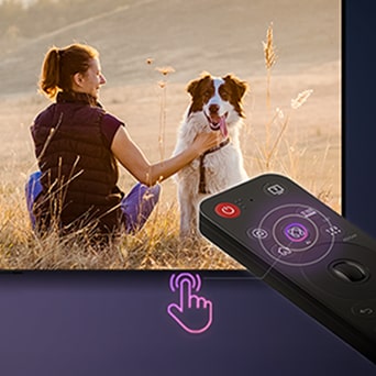 The LG AI Magic Remote in use. Shortly pressing the AI button activates the AI Assistant on the OLED TV screen, which then suggests keywords.