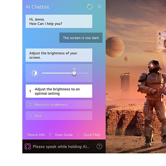 Sci-fi content is playing on an LG OLED TV screen. On the left side of the screen is the AI Chatbot interface. The user messages the chatbot that the screen is too dark and the chatbot offers solutions to the request.