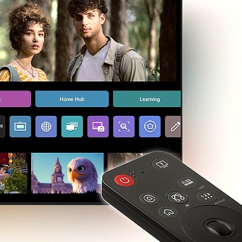 Two connected scenes with LG AI Magic Remote in front of a TV—first showing a sci-fi scene, second showing a home screen with personalized content