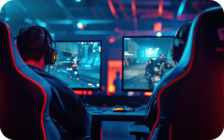 Twee mannen met een koptelefoon die een schietspel spelen, met 144 Hz 4K-gamingmonitors en 240 Hz 4K-gamingmonitors.