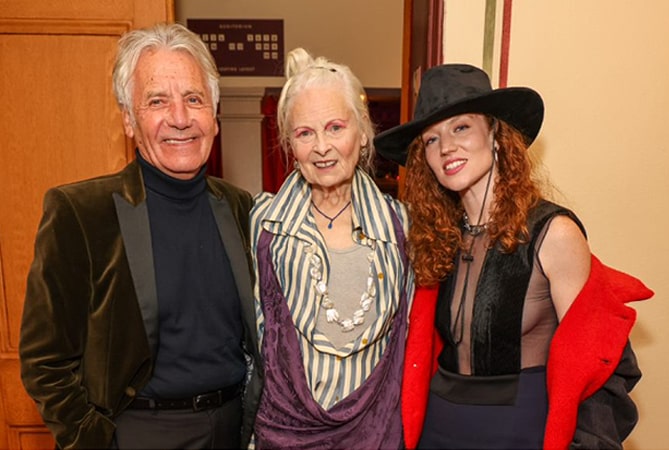 Jeff Banks CBE, Vivienne Westwood, and Jess Glynn stand together for a photo.