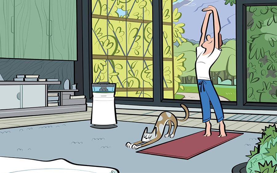 An illustration of a woman on her yoga mat stretching alongside her dog. Standing also in the room, the Air Purifier lets off fresh air.