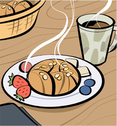 An illustrated plate of freshly prepared, hearty plate of breakfast. Next to a cup of steaming coffee are pastry and some fruit.