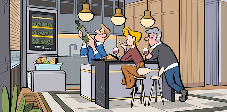 An illustration of people gathered around a kitchen island, enjoying themselves over a bottle of wine. The Wine Cellar gleans in the background.