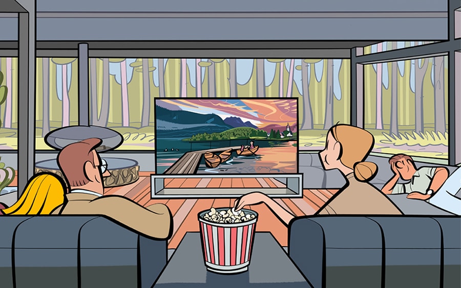 Illustrated is a couple seated in front of the OLED 8K's vivid screen. They relax on the couch over popcorn.