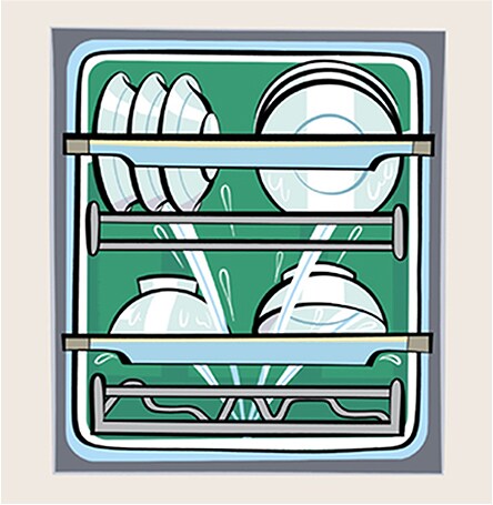 An illustration of the Dishwasher at work, with spray arms that clean with thoroughness and power from various angles.