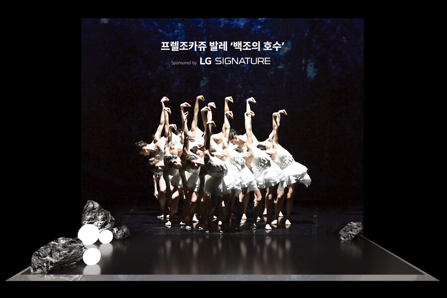 Ballerinas in white pose like swans on a small black stage with white round lights and black rocks.