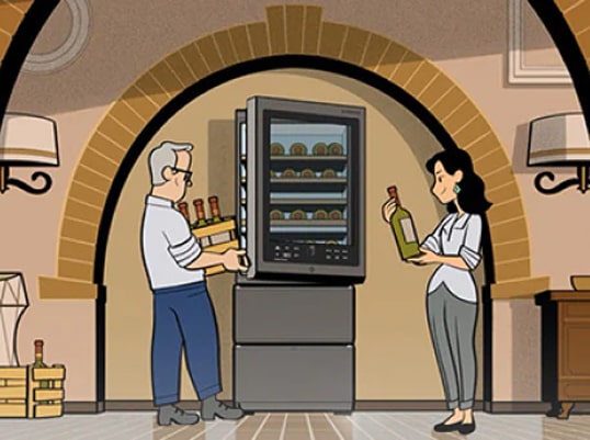 A man is carrying wine to a wine cellar and a woman next to the man is observing a bottle of wine.