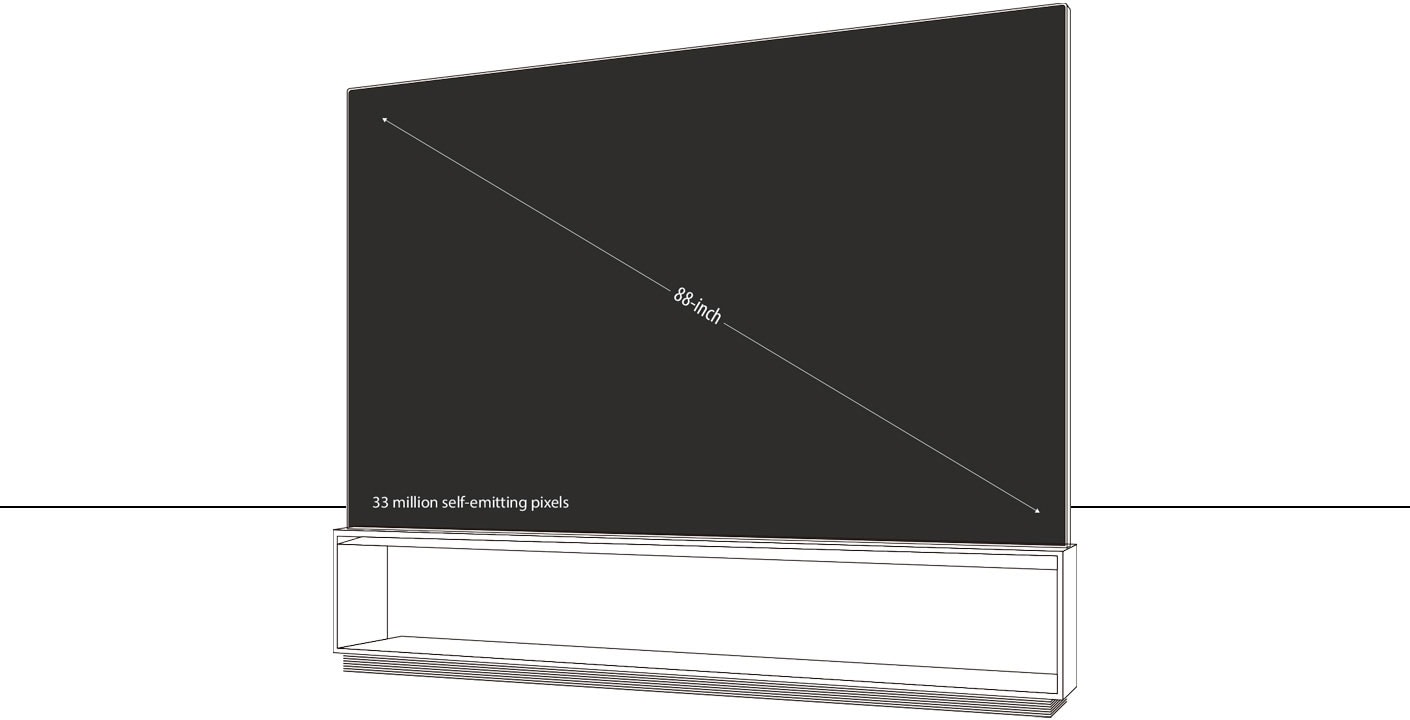 An infographic picture of LG SIGNATURE 8K OLED TV Z9 showing its dimension of the whole product body