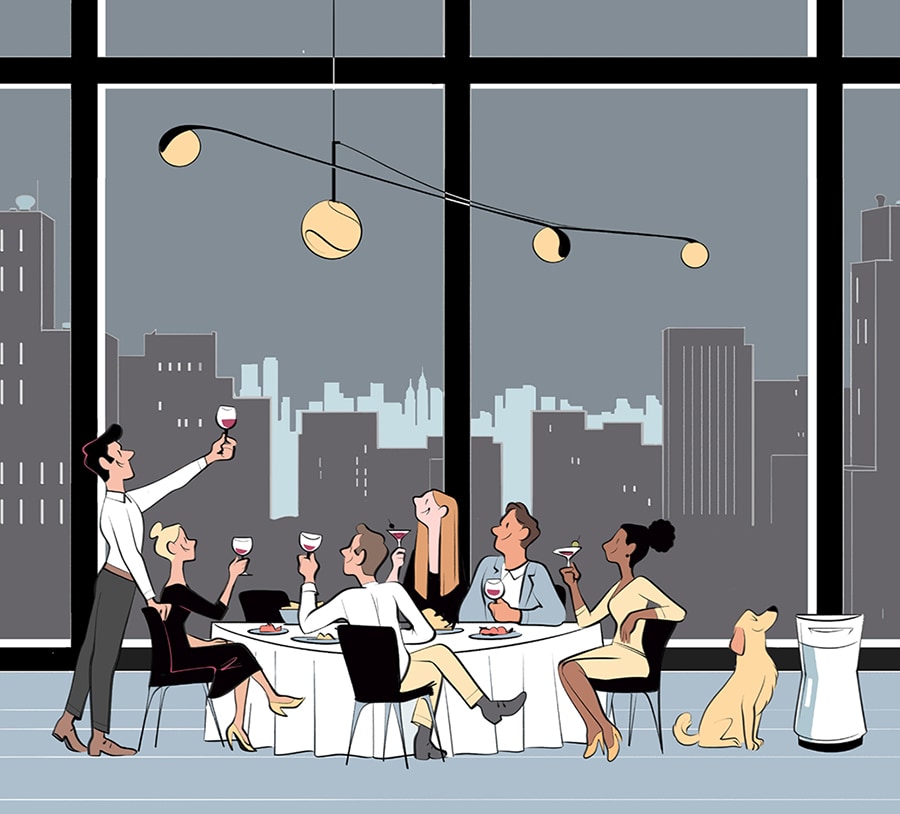 Cartoon image of people enjoying their luxury dinner with the LG SIGNATURE Air Purifier