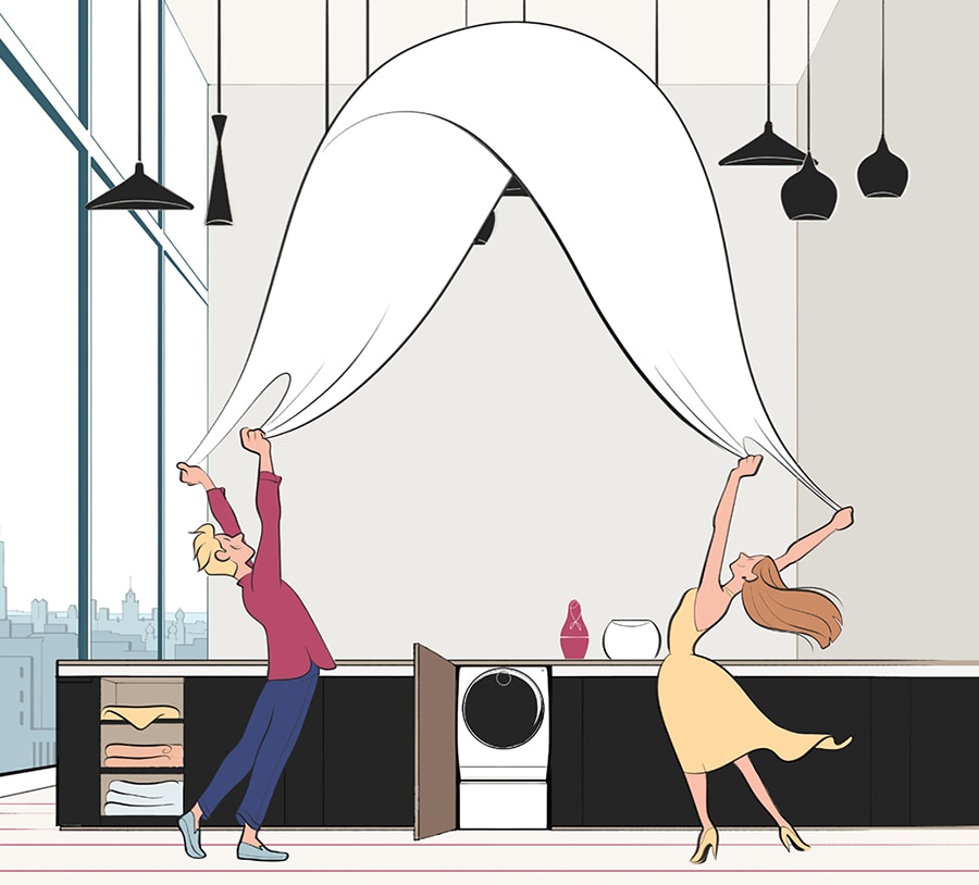 Cartoon image of two people wokring on their laundry with the LG SIGNATURE Washing Machine