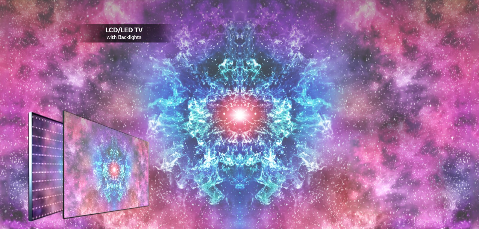 A brightly colored screen contrasts starkly with a black backdrop on LG OLED TV with SELF-LIT Pixels. The screen shows bright shades of pinks and blues in an abstract pattern.