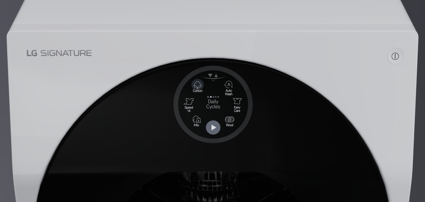 Image showing the front and top of the LG Signature Washing Machine. The top half of the door and the Quick Circle Display panel are visible.