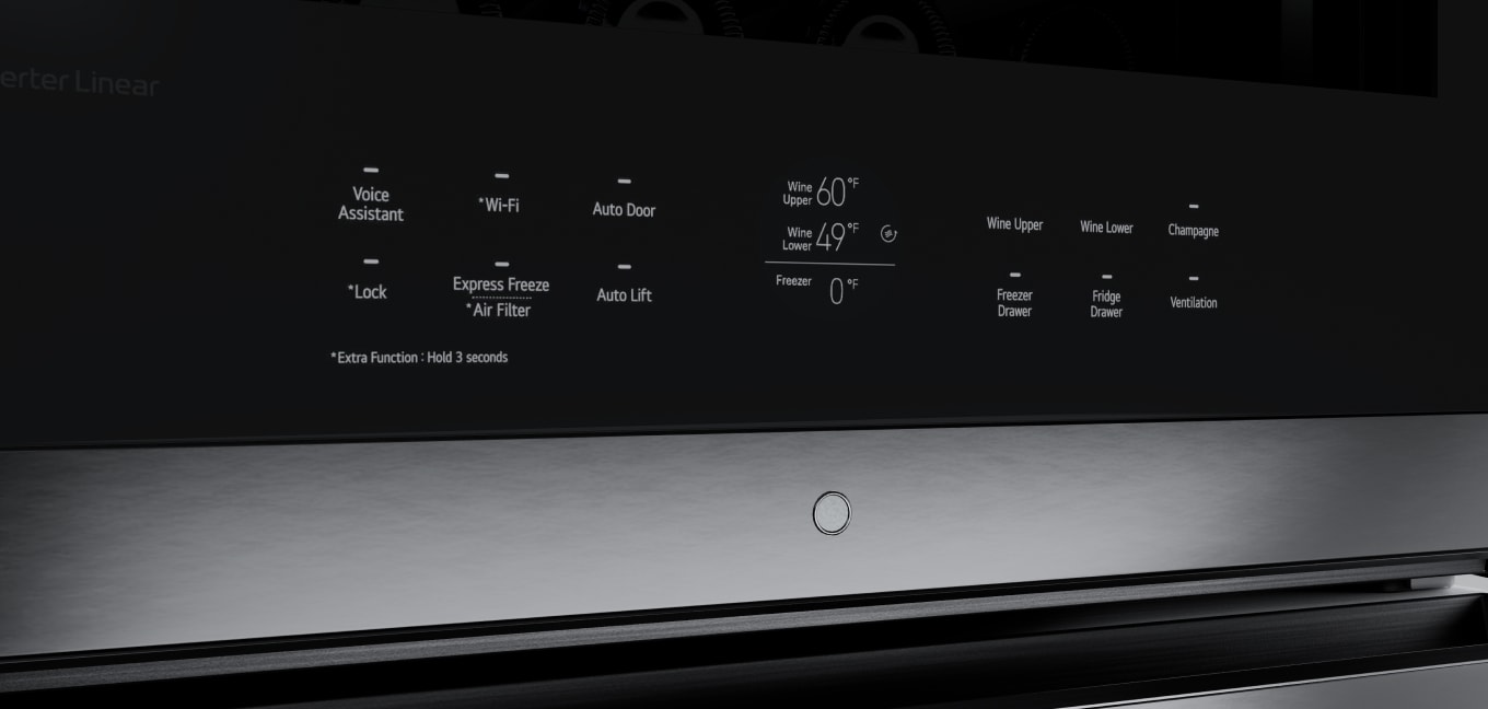 Close-up image of the Wine Cellar's glass information and control panel with various information illuminated.