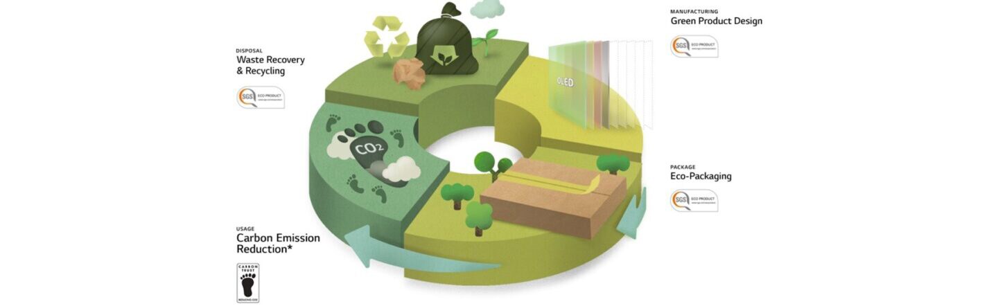 A doughnut chart explaining the 4-stage cycle of Waste Recovery & Recycling, Green Product Design, Eco-Packaging and Carbon Emission Reduction.