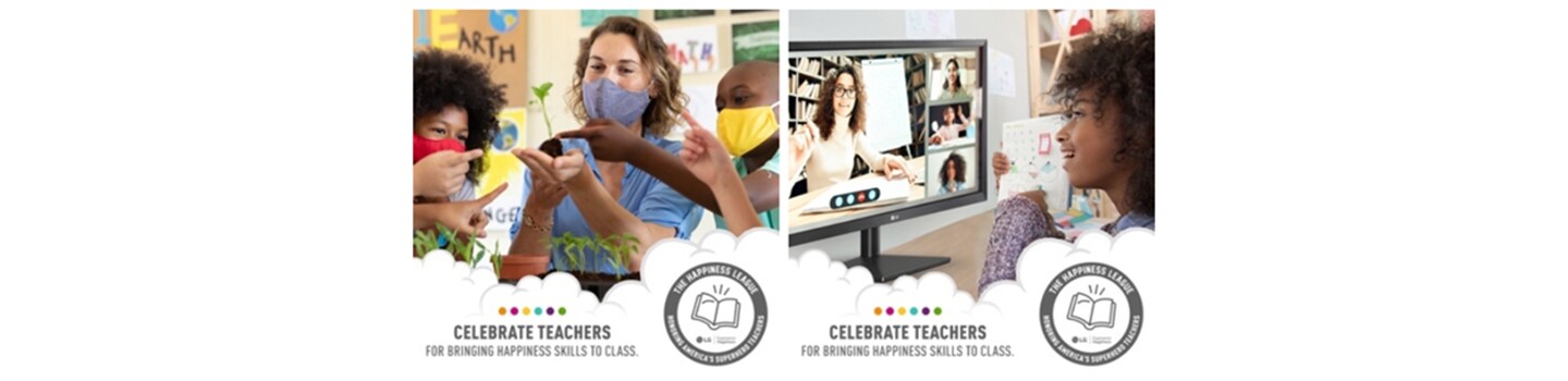 Two photos of a teacher teaching a class, bringing happiness skills to the class.