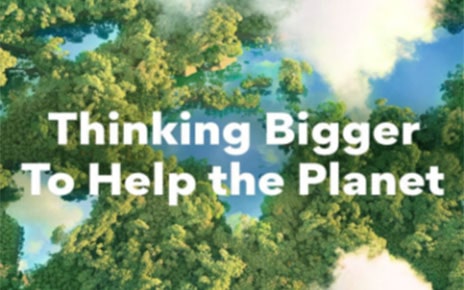 An Aerial Photo of a forest with lakes representing the world’s continents and the phrase 