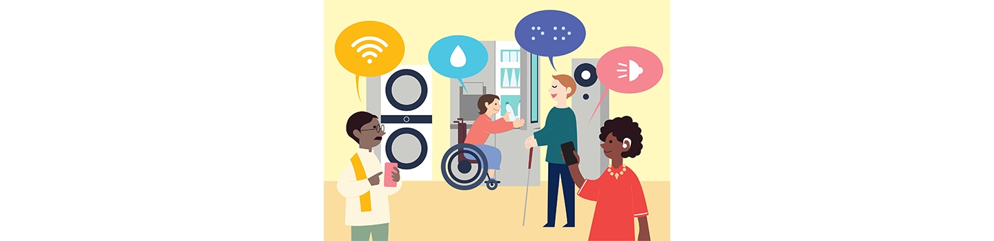 An illustration of people with different disabilities conveniently using appliances through LG's innovative technology.