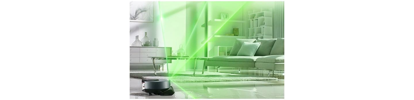 LG CordZero M9 robot vacuum cleaner scanning the size and shape of the room while cleaning.