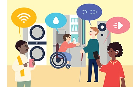 An illustration of people with different disabilities conveniently using appliances through LG's innovative technology.