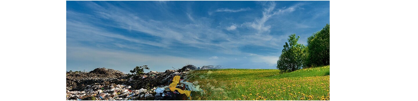 A photo showing half the landscape as a landfill and the other half as a beautiful meadow