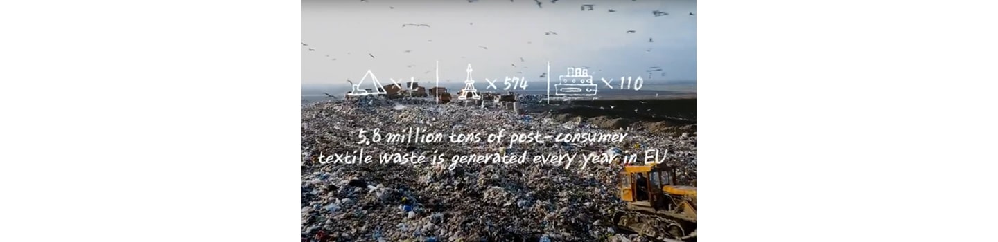 An overflowing landfill with information stating how 5.8 million tons of post-consumer waste is generated every year in the EU.