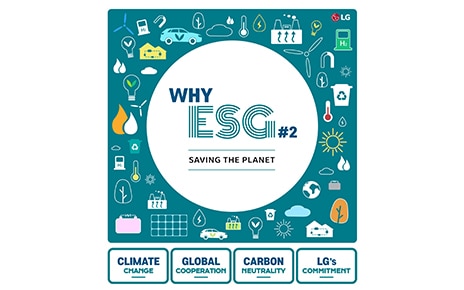 The title page of the ‘WHY ESG’ graphic news article with a preview of the stories to follow shown as keywords below.