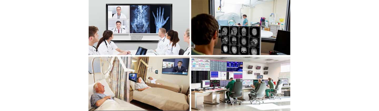 Four pictures taken inside a healthcare facility showing the various applications of LG’s B2B solutions in the medical field.