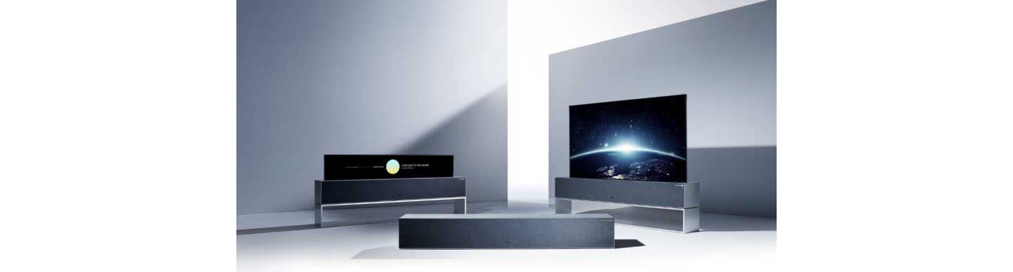 Three LG SIGNATURE OLED R TVs displayed to show off its three viewing modes: Full View, Line View and Zero View
