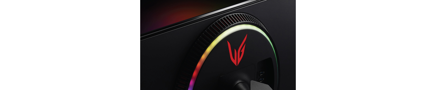 Rear view of LG UltraGear Monitor with its eye-catching logo that resembles the wings of Greek goddess Nike.